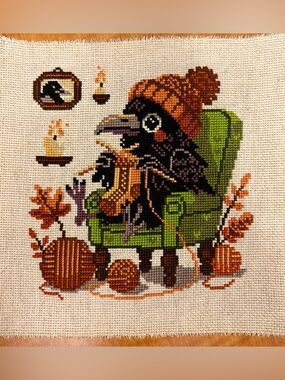 Cozy Knitting Crow Cross-Stitch - Handmade and ready to display!